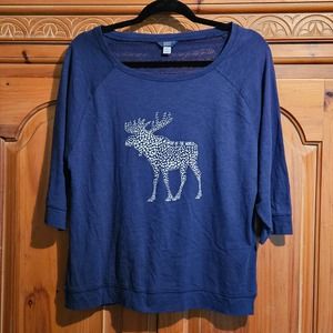 Women's Navy‎ Blue MV Sport Moose Graphic 3/4 Sleeve Lace Back Shirt Size XL